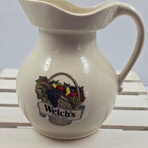 Welch's Ceramic Pitcher Glossy Beige Multicolor Fruit Pattern Decorative Handle